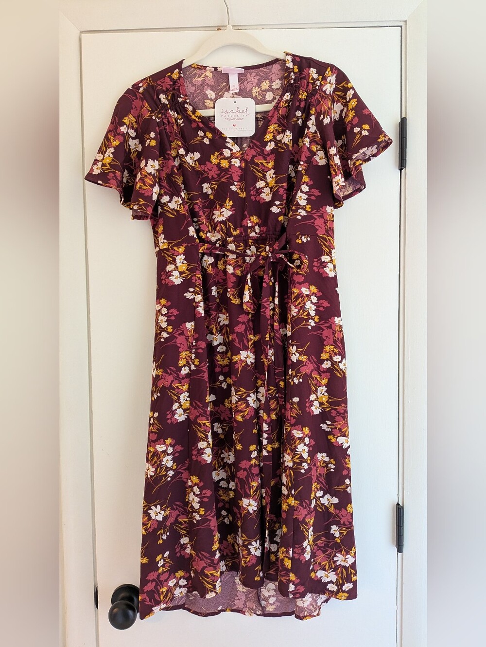 Ingrid & Isabel Burgundy Floral Midi Dress with Pink & Yellow Blooms